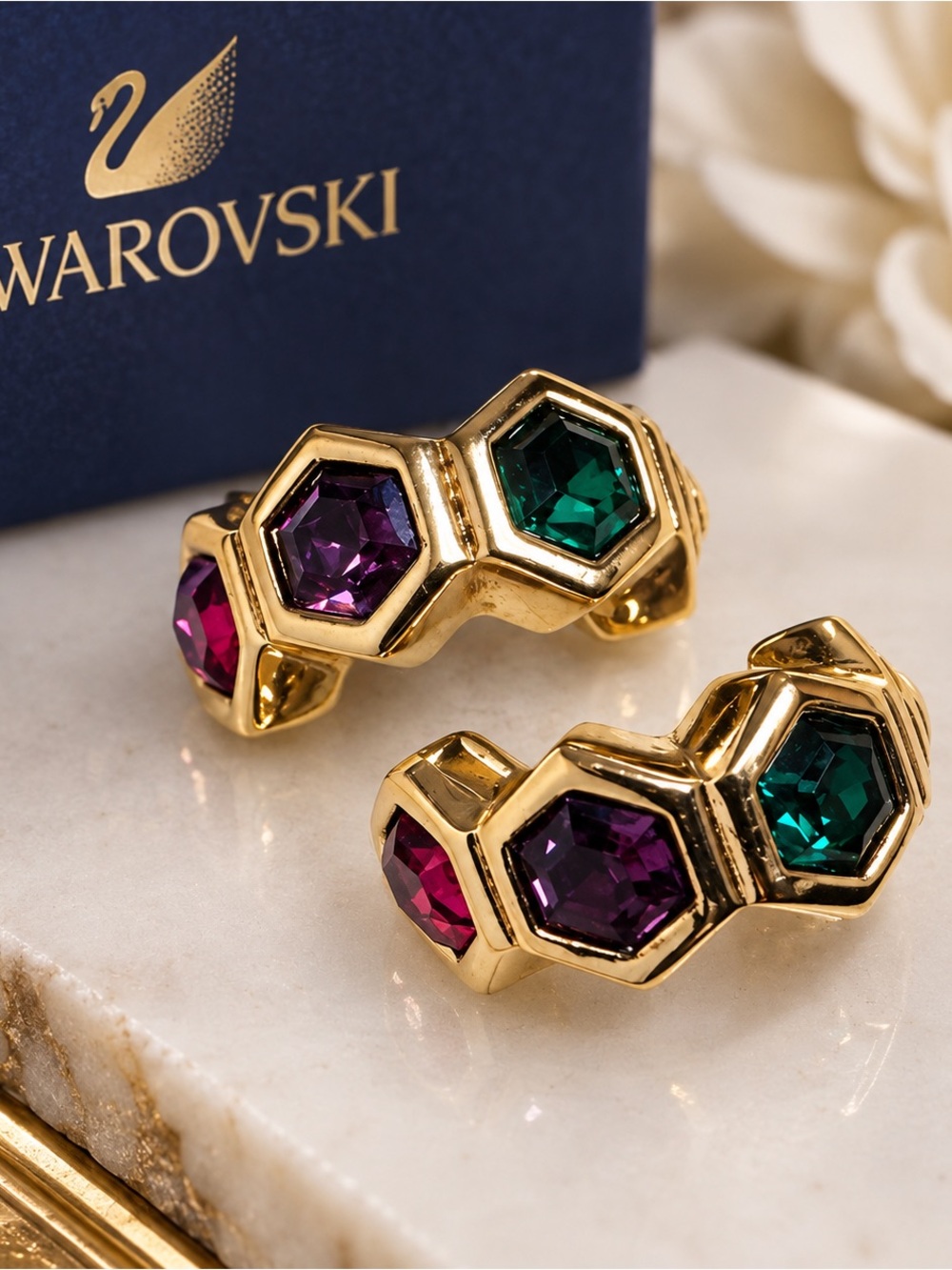 Vintage Swarovski Multicolor Crystal Half Hoop Earrings Gold Tone